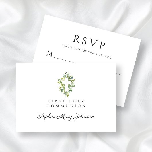 Elegant Green Botanical Cross First Community RSVP Kaartje