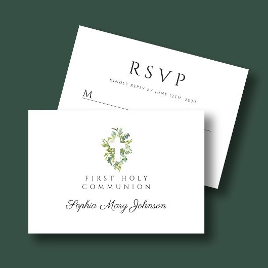 Elegant Green Botanical Cross First Community RSVP Kaartje