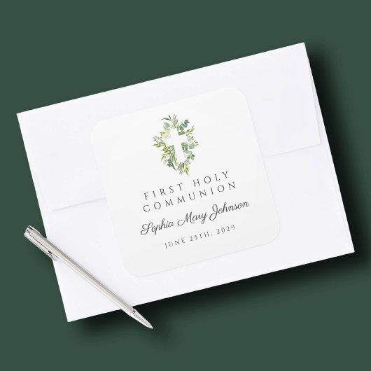 Elegant Green Botanical Cross First Community Vierkante Sticker