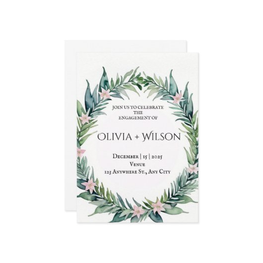 Elegant Green Botanical Engagement Invitation Aankondiging (Voorkant / Achterkant in situ)