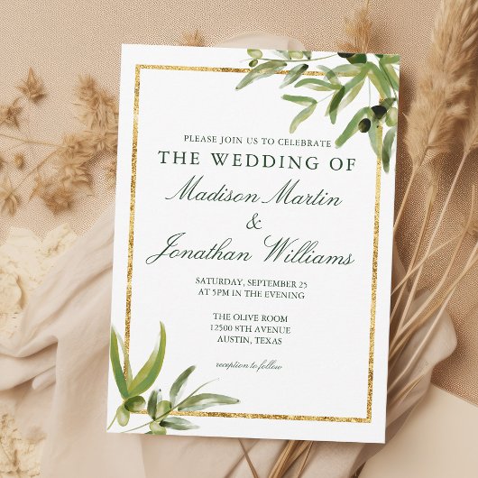 Elegant Green Botanical Vine Gold Greenery Wedding Kaart