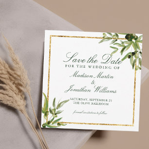 Elegant Green Botanical Vine Gold Save the Date Kaart