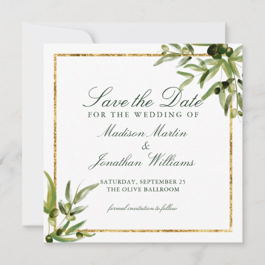 Elegant Green Botanical Vine Gold Save the Date Kaart (Voorkant)