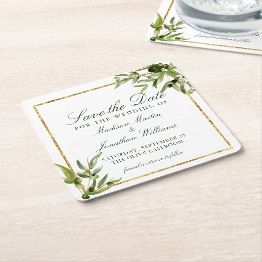 Elegant Green Botanical Vine Gold Save the Date Kartonnen Onderzetters (Schuin)