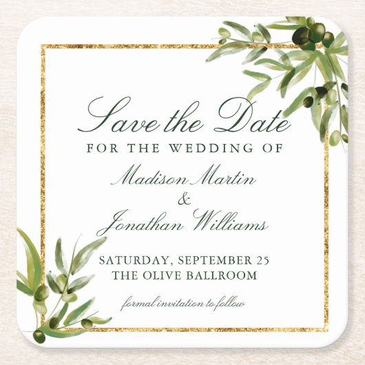 Elegant Green Botanical Vine Gold Save the Date Kartonnen Onderzetters (Voorkant)