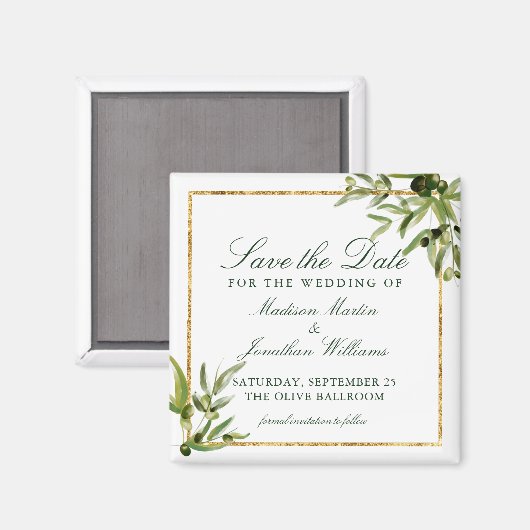 Elegant Green Botanical Vine Gold Save the Date Magneet (Voorkant / Achterkant)