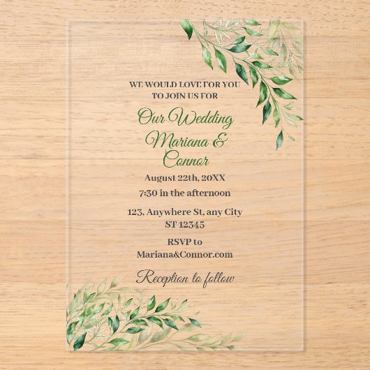 Elegant Green Botanical Wedding  Acryl Uitnodigingen (Voorkant)