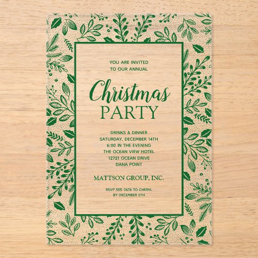 Elegant Green Botanicals Christmas Party Acryl Uitnodigingen (Voorkant)