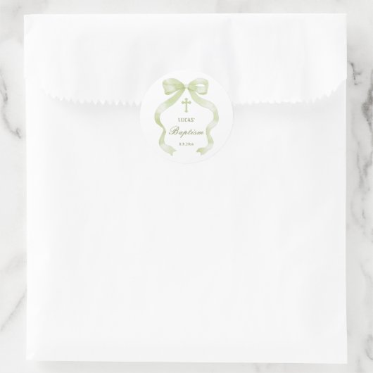 Elegant Green Bow Baptism Classic Round Sticker (Tas)