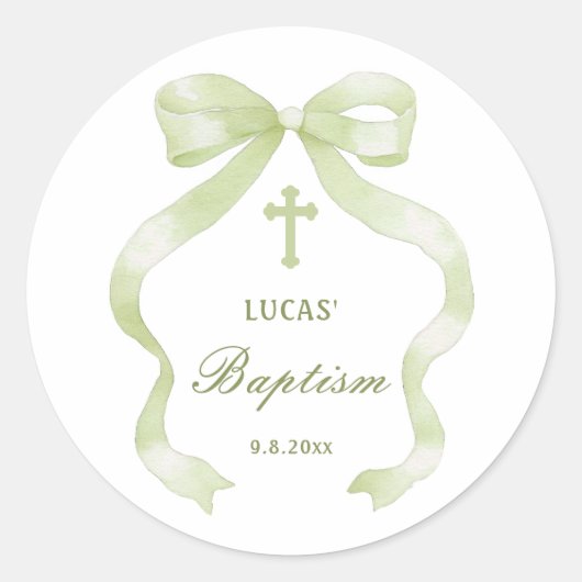 Elegant Green Bow Baptism Classic Round Sticker (Voorkant)