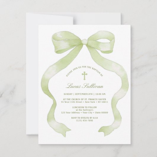 Elegant Green Bow Baptism Kaart (Voorkant)