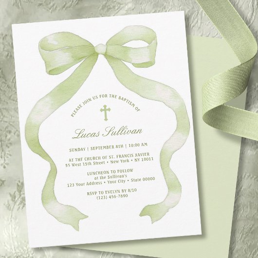 Elegant Green Bow Baptism Kaart
