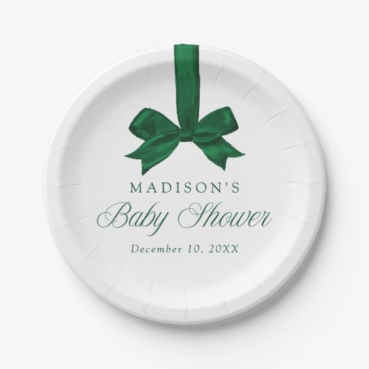 Elegant Green Bow Christmas Baby Shower Papieren Bordje (Voorkant)
