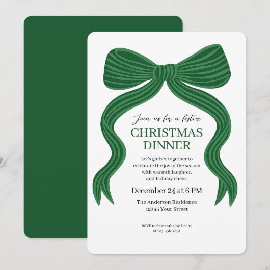 Elegant Green Bow Christmas Dinner Invitation Kaart (Voorkant / Achterkant)