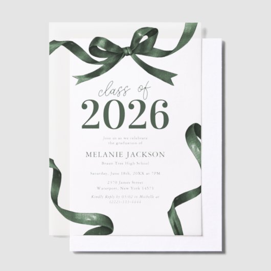 Elegant Green Bow Graduation Party Vellum Uitnodigingen (Offset)