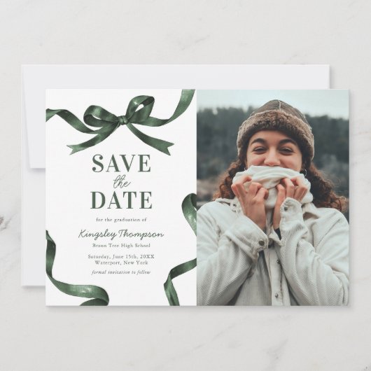 Elegant Green Bow Graduation Save the Date (Voorkant)