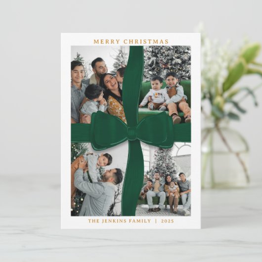 Elegant Green Bow Photo Merry Christmas Card Kaart (Staand voorkant)