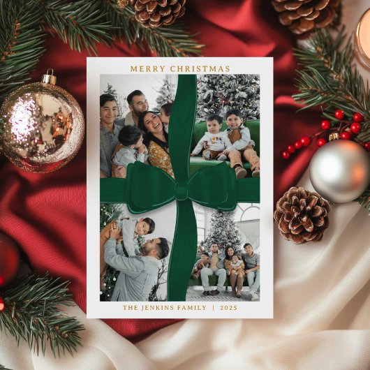 Elegant Green Bow Photo Merry Christmas Card Kaart