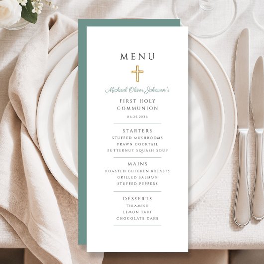 Elegant Green Boy First Communion Menu