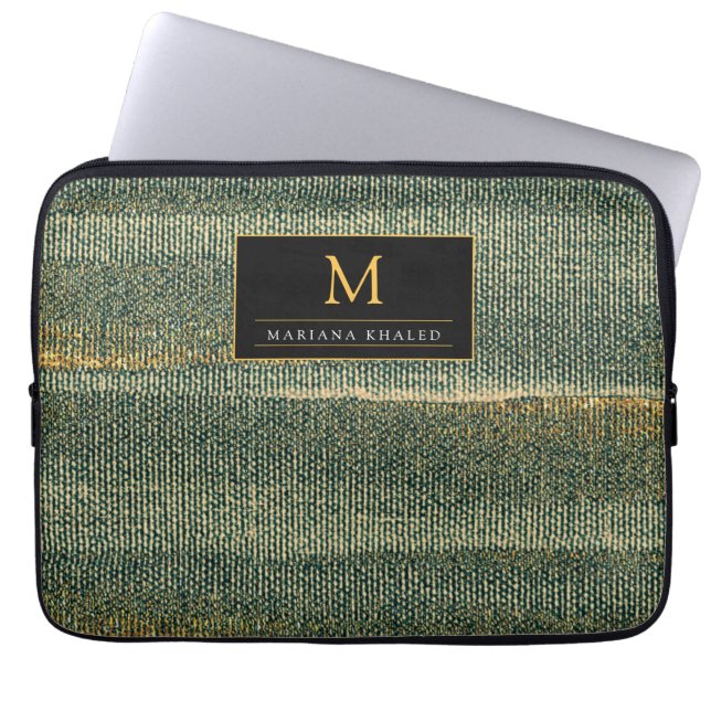 Elegant Green Brush met goud en zwart Laptop Sleeve (Voorkant)
