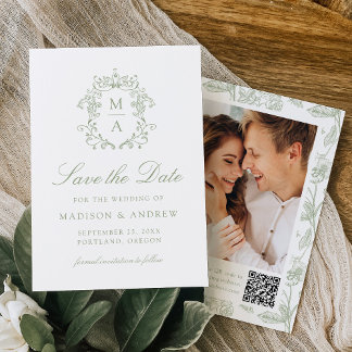 Elegant Green Chinoiserie Floral QR Code Wedding Save The Date