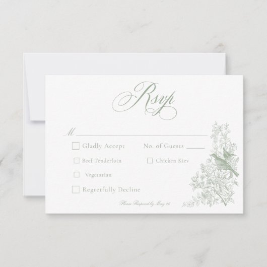 Elegant Green Chinoiserie Nature & Birds Wedding RSVP Kaartje (Voorkant)