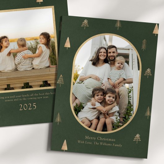Elegant Green Christmas Photo Card with Gold Trees Feestdagenkaart