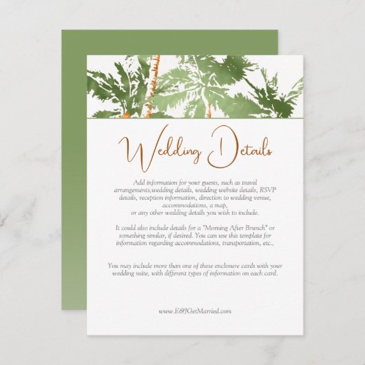 Elegant Green Copper Palm Treding Wedding Details Informatiekaartje (Voorkant / Achterkant)