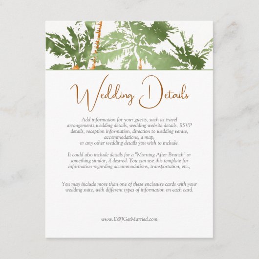 Elegant Green Copper Palm Treding Wedding Details Informatiekaartje (Voorkant)