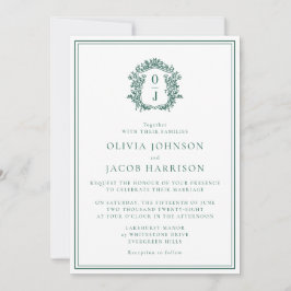 Elegant Green Crest Wedding Invitation Kaart
