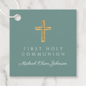 Elegant Green Cross Boy First Communion Bedankjes Labels (Voorkant)