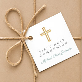 Elegant Green Cross Boy First Communion Bedankjes Labels