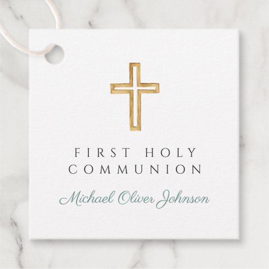 Elegant Green Cross Boy First Communion Bedankjes Labels (Voorkant)