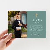 Elegant Green Cross Boy First Community Foto Bedankkaart