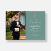 Elegant Green Cross Photo Boy First Commune Kaart