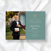 Elegant Green Cross Photo Boy First Commune Kaart