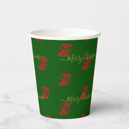 Elegant Green Custom kerst Holly Papieren Bekers (Achterkant)