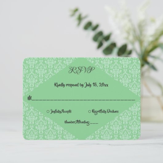 Elegant Green Damask Classic Formal Wedding RSVP Kaartje (Staand voorkant)