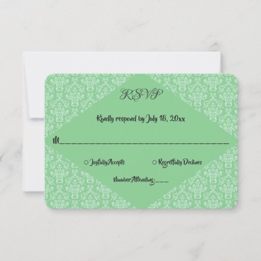 Elegant Green  Damask Classic Formal Wedding RSVP Kaartje (Voorkant)