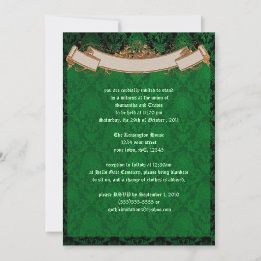Elegant Green Damask Gothic Wedding Invitation Kaart (Voorkant)