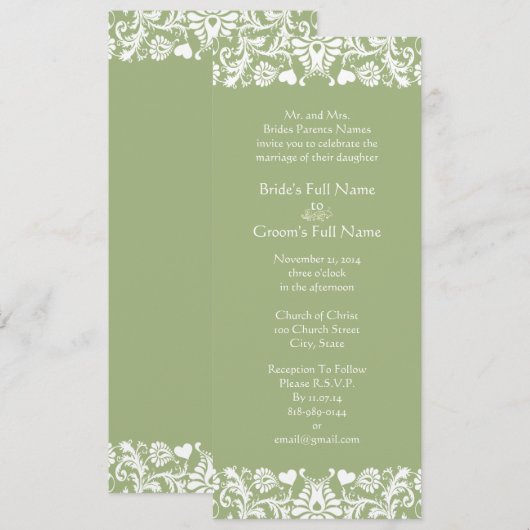 Elegant  Green Damask Wedding Invitations Kaart (Voorkant / Achterkant)