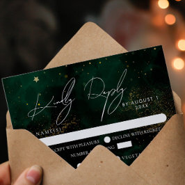 Elegant Green Dark Magic Gold Wedding RSVP Kaartje
