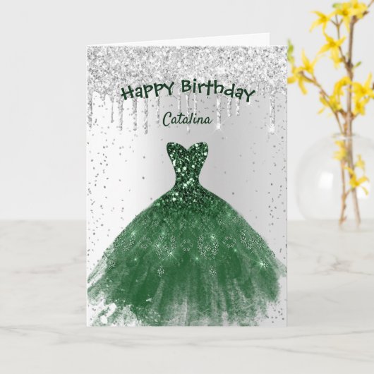 Elegant Green Dress Birthday Kaart (Gele Bloem)