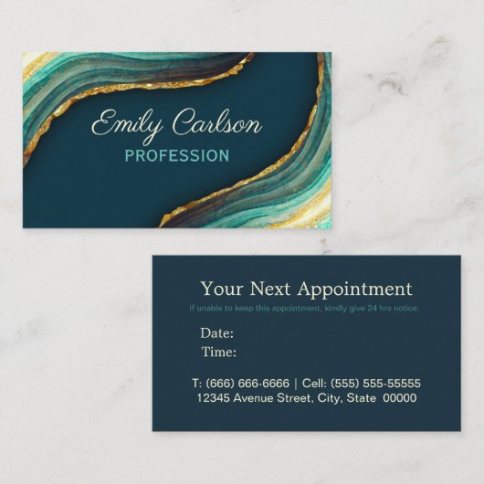 Elegant green emerald marble art faux goudglitter afsprakenkaartje (Voorkant / Achterkant)
