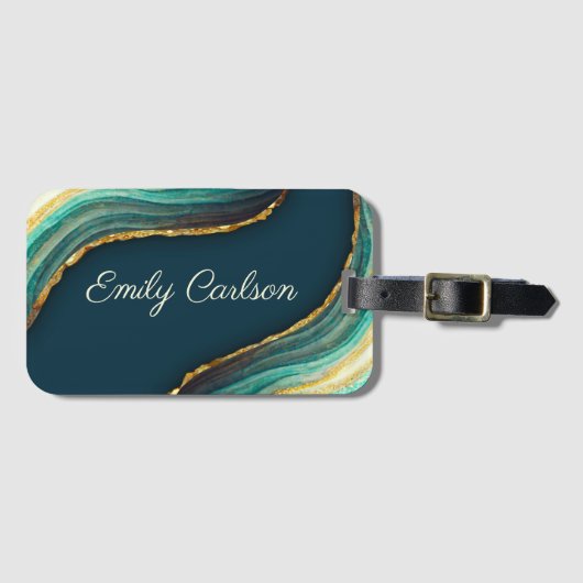 Elegant green emerald marble art faux goudglitter bagagelabel (Voorkant (horizontaal))