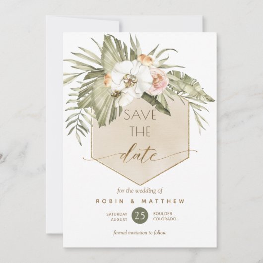 Elegant Green en Beige Palm Leaves Floral Save The Date (Voorkant)