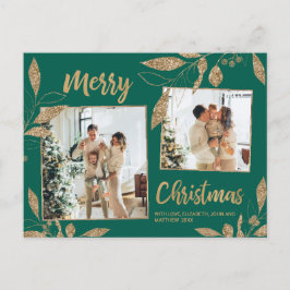 Elegant Green en Gold Botanical 2-fotokerstmis Briefkaart