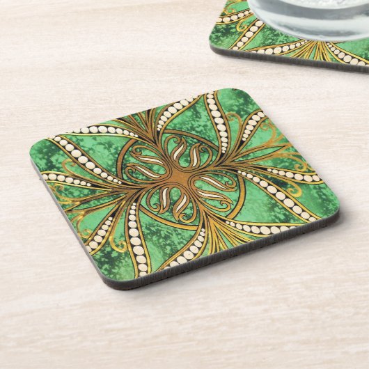 Elegant Green en Gold Damask Pattern Bier Onderzetter (Linkerzijde)