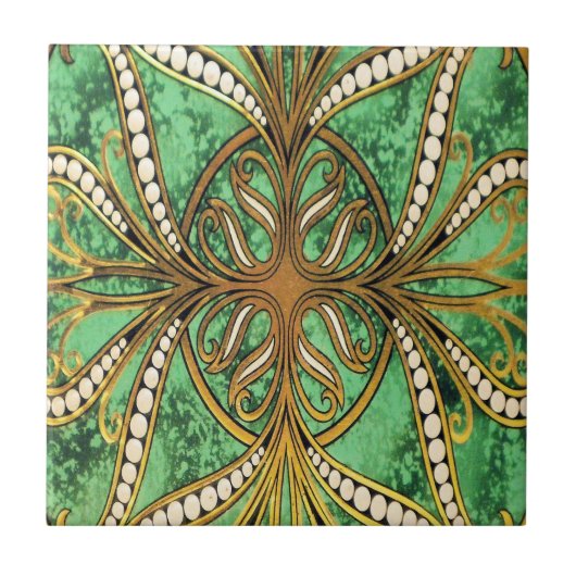 Elegant Green en Gold Damask Pattern Tegeltje (Voorkant)