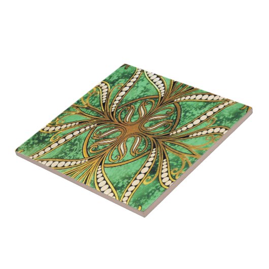 Elegant Green en Gold Damask Pattern Tegeltje (Zijkant)